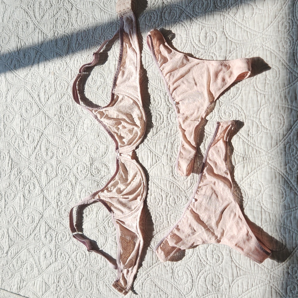 Adore Me Pink Lace Bra 36DDD and (2) matching thongs L